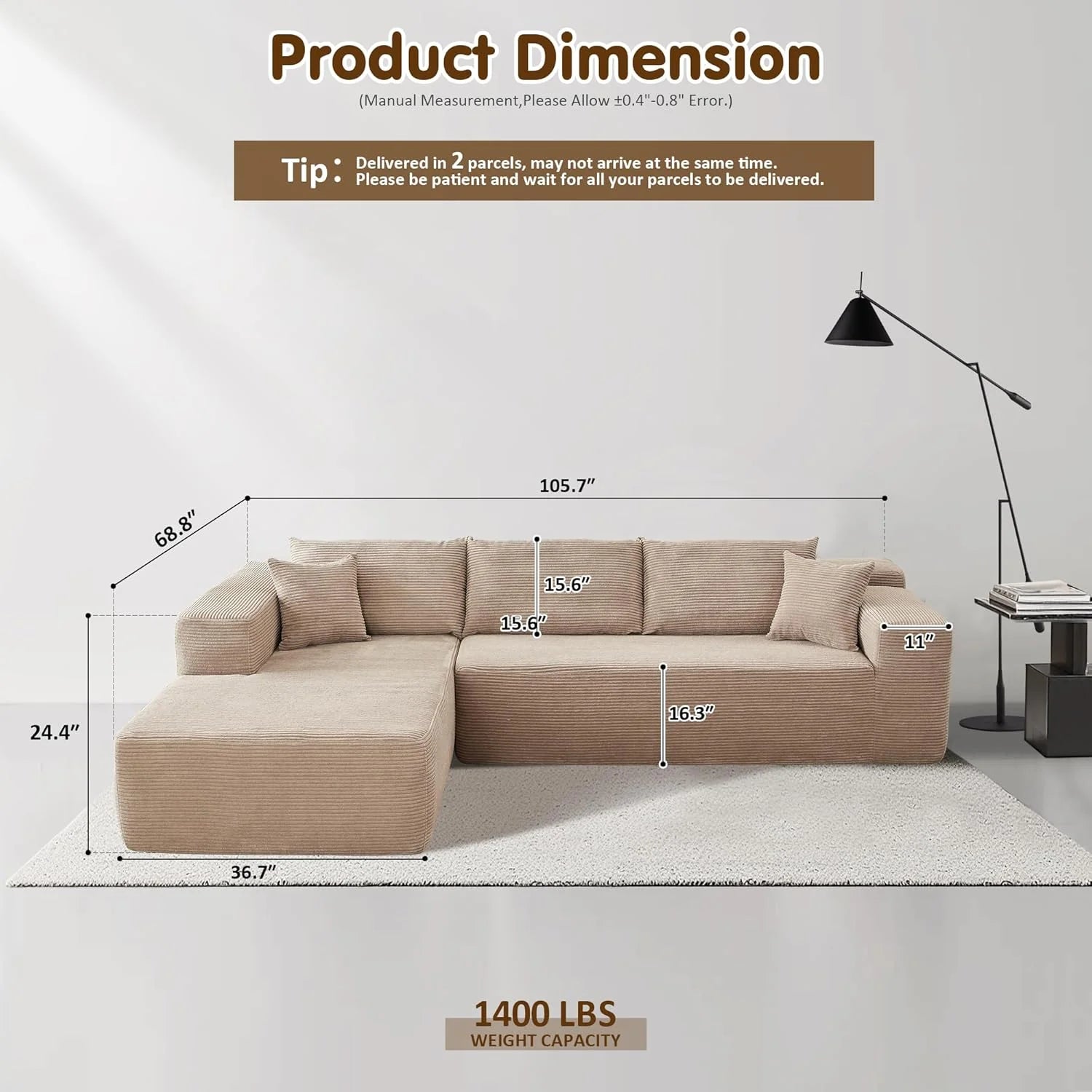 ovios 104 Cloud Sectional Couch with L-Shape Chaise,Modern Modular Sofa with Deep Seat, Upholstered Couches for Living Room Bedroom,No Assembly Required, Grey (Plush Corduroy Fabric)