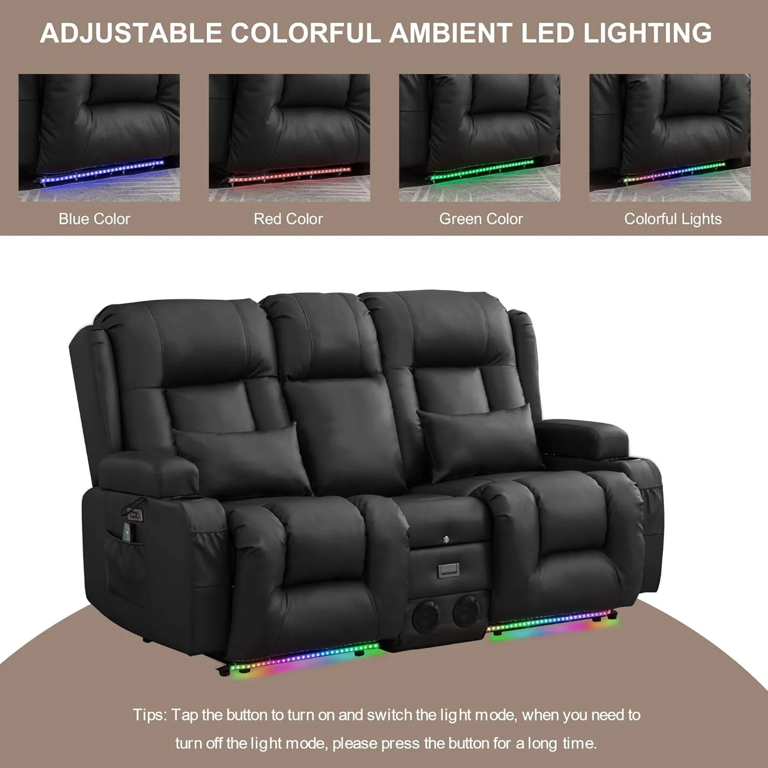 TUNYI Power Loveseat Recliner Sofa with Massage & Heat Home Theater Seating with Console Electric Recliner RV Sofa with USB/Outlet/Storage/Side Pocket/LED Light/Speaker (Brown, Loveseat)