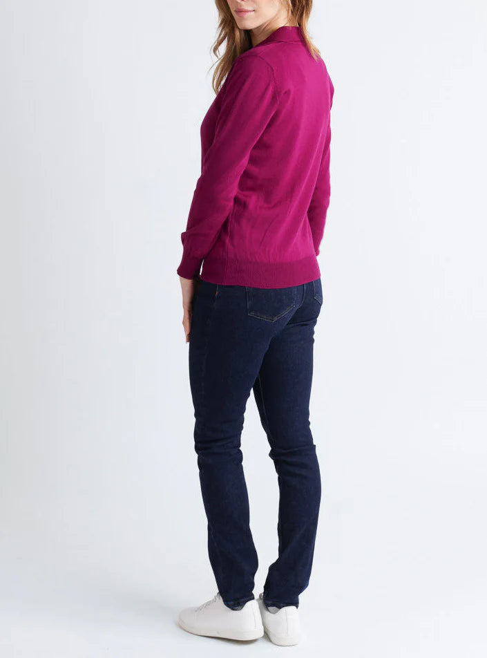 Pull col polo femme en laine mérinos violet