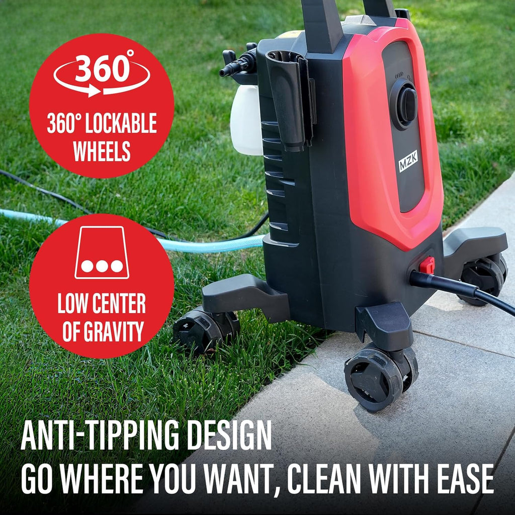 MZK electric high-pressure cleaner with 360° quick-connect nozzle and replaceable foam cannon