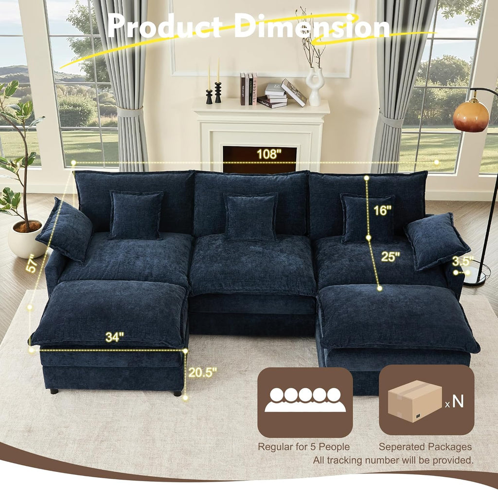 108 U Shaped Couch, Modular Sectional Sofa, 3-Seater Comfy Cloud Couch with Movable Ottoman, Deep Seat Couches for Living Room, Chenille, Slate