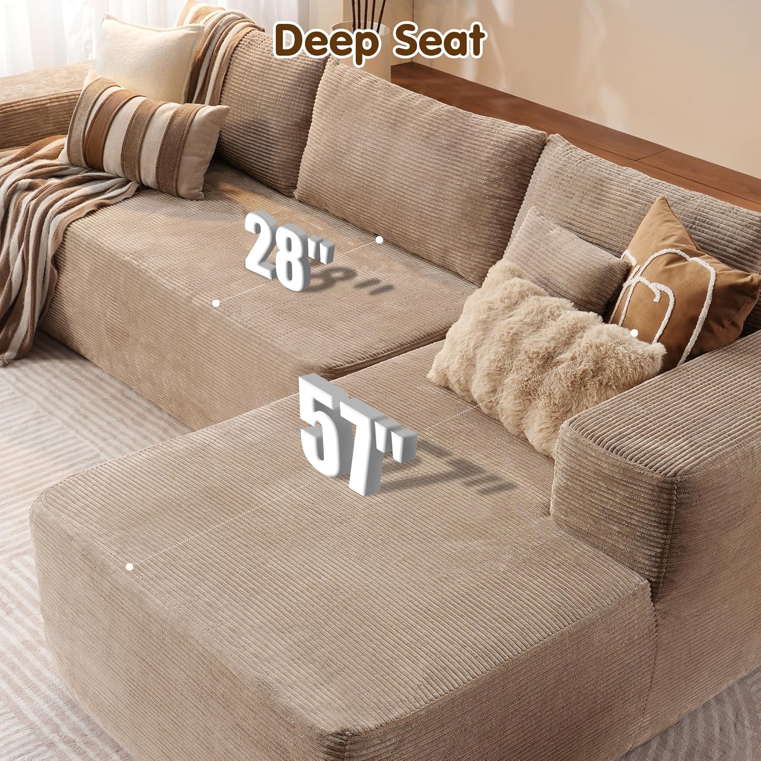 ovios 104 Cloud Sectional Couch with L-Shape Chaise,Modern Modular Sofa with Deep Seat, Upholstered Couches for Living Room Bedroom,No Assembly Required, Grey (Plush Corduroy Fabric)