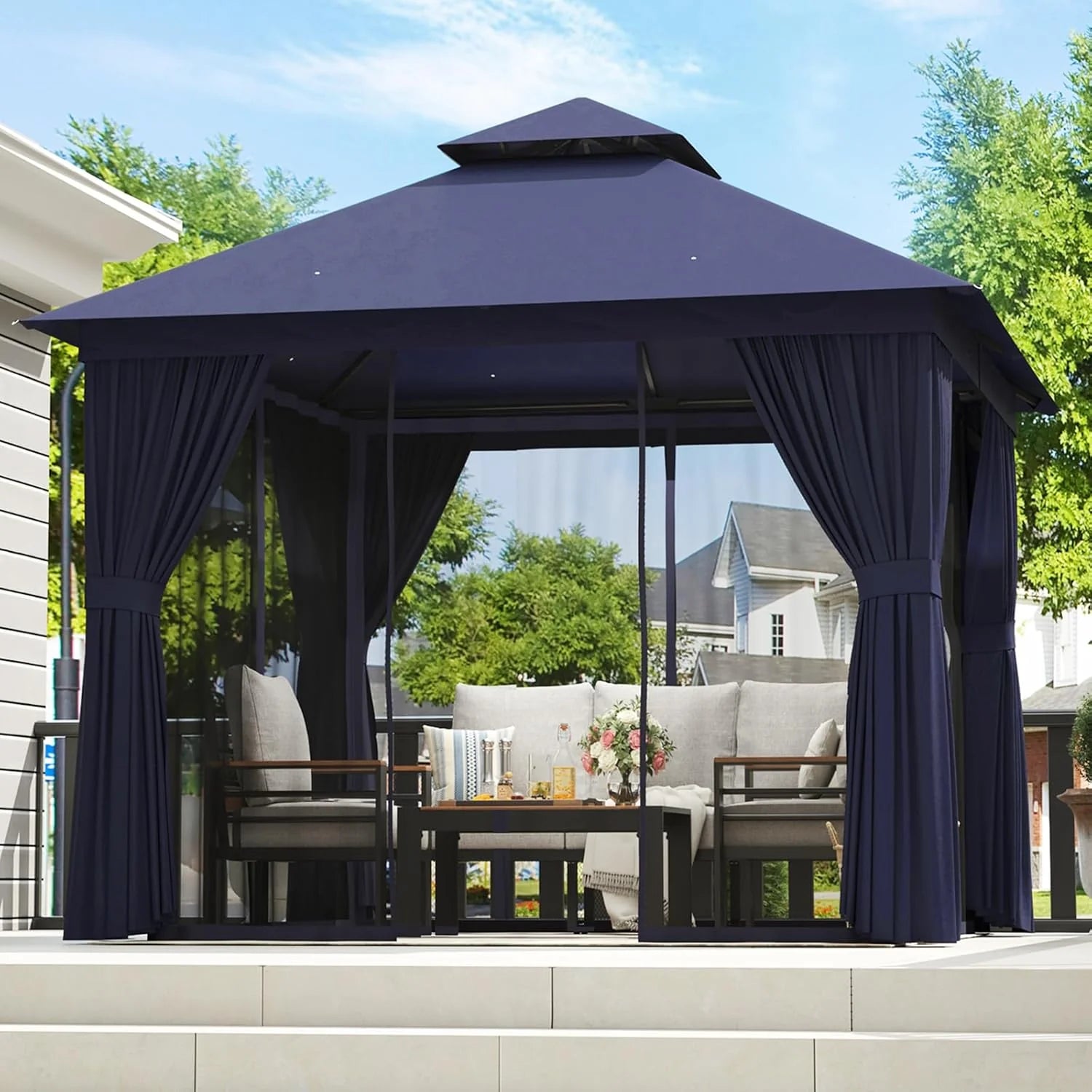 Aoxun Outdoor Gazebo for Patio 10x12, Metal Frame Canopy with Double Roofs, Heavy Duty Party Tent and Shelter with Mosquito Netting and Privacy Screen for Backyard, Lawn, Garden, Deck