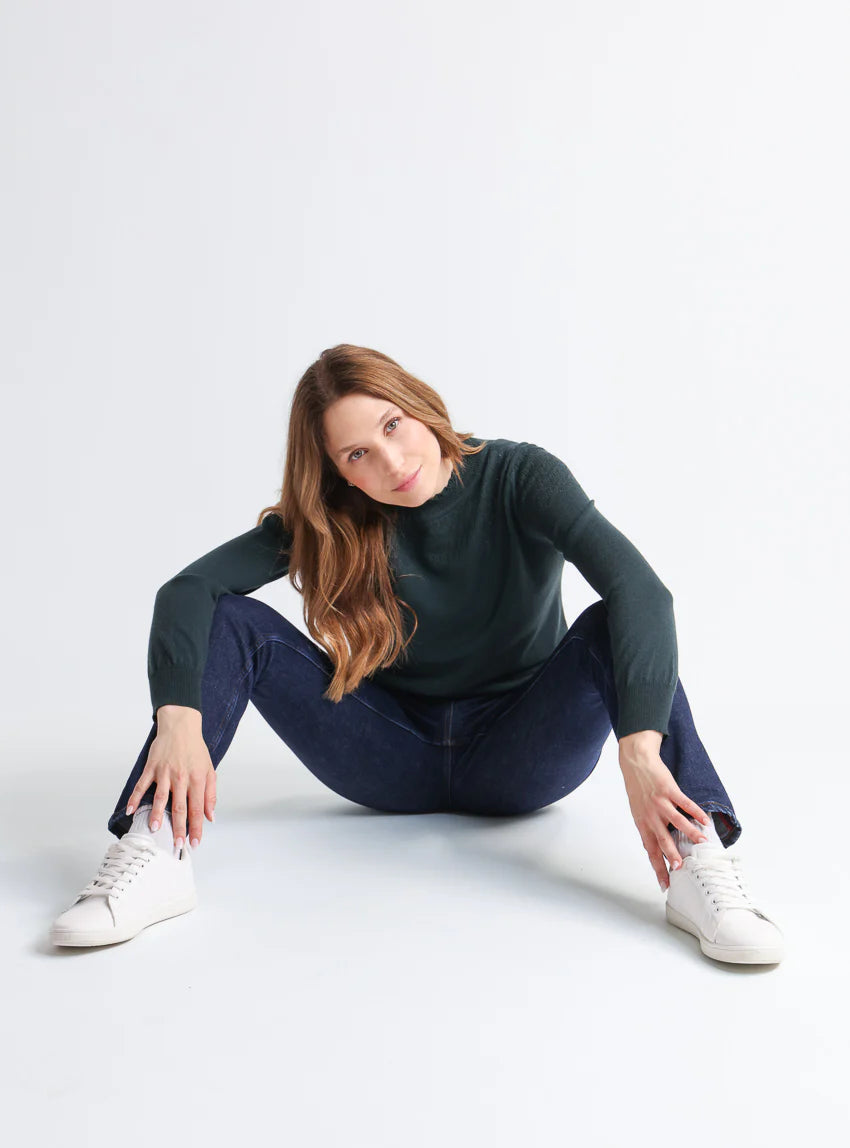 Pull femme col et maille fantaisie en laine merinos vert