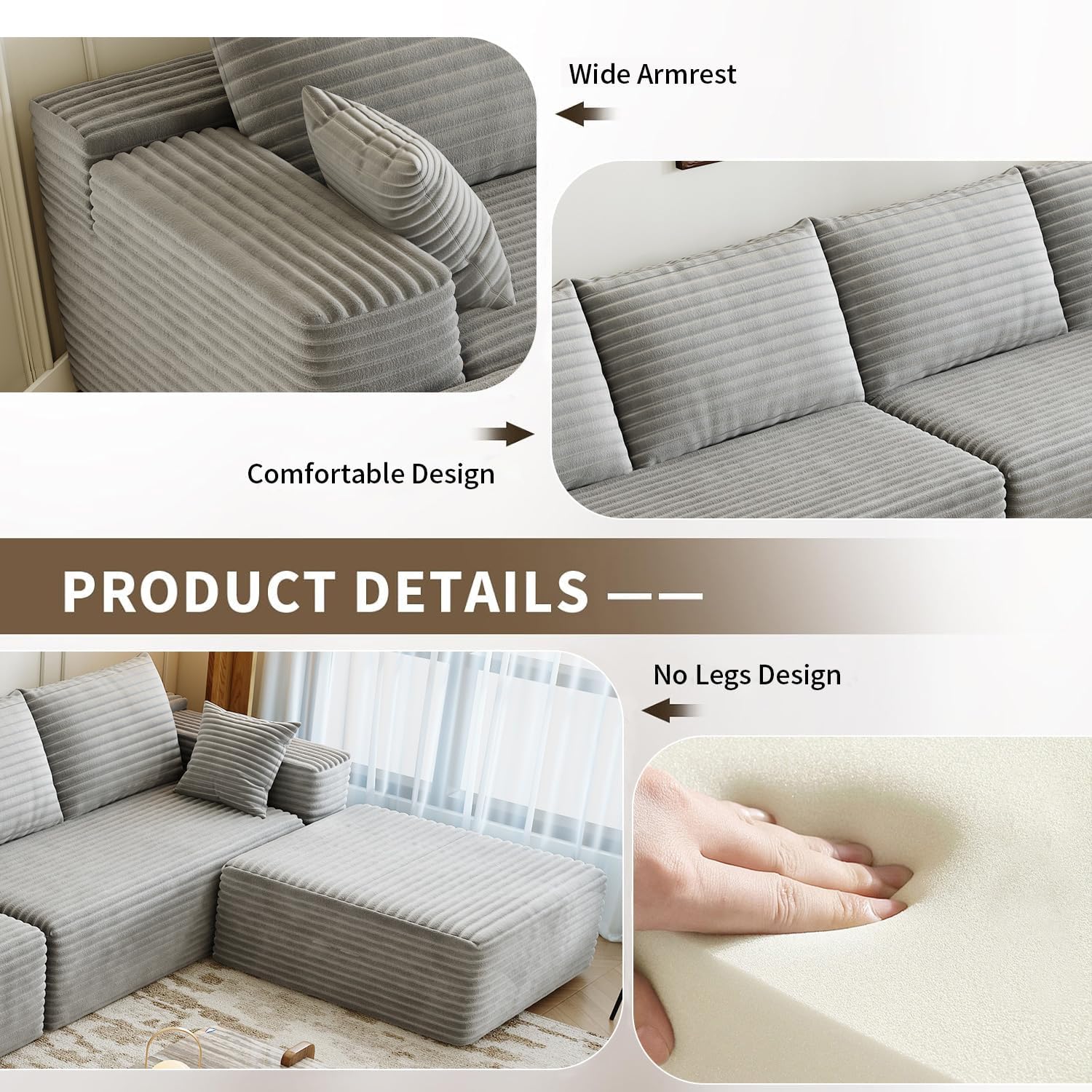 107.5 Cloud Modular Sectional Sofa Couch with L-Shape Chaise,Modern Minimalist Upholstered Couches for Living Room Bedroom,Deep Seat Corner Couch，No Assembly Required (Black,Left Facing Chaise)