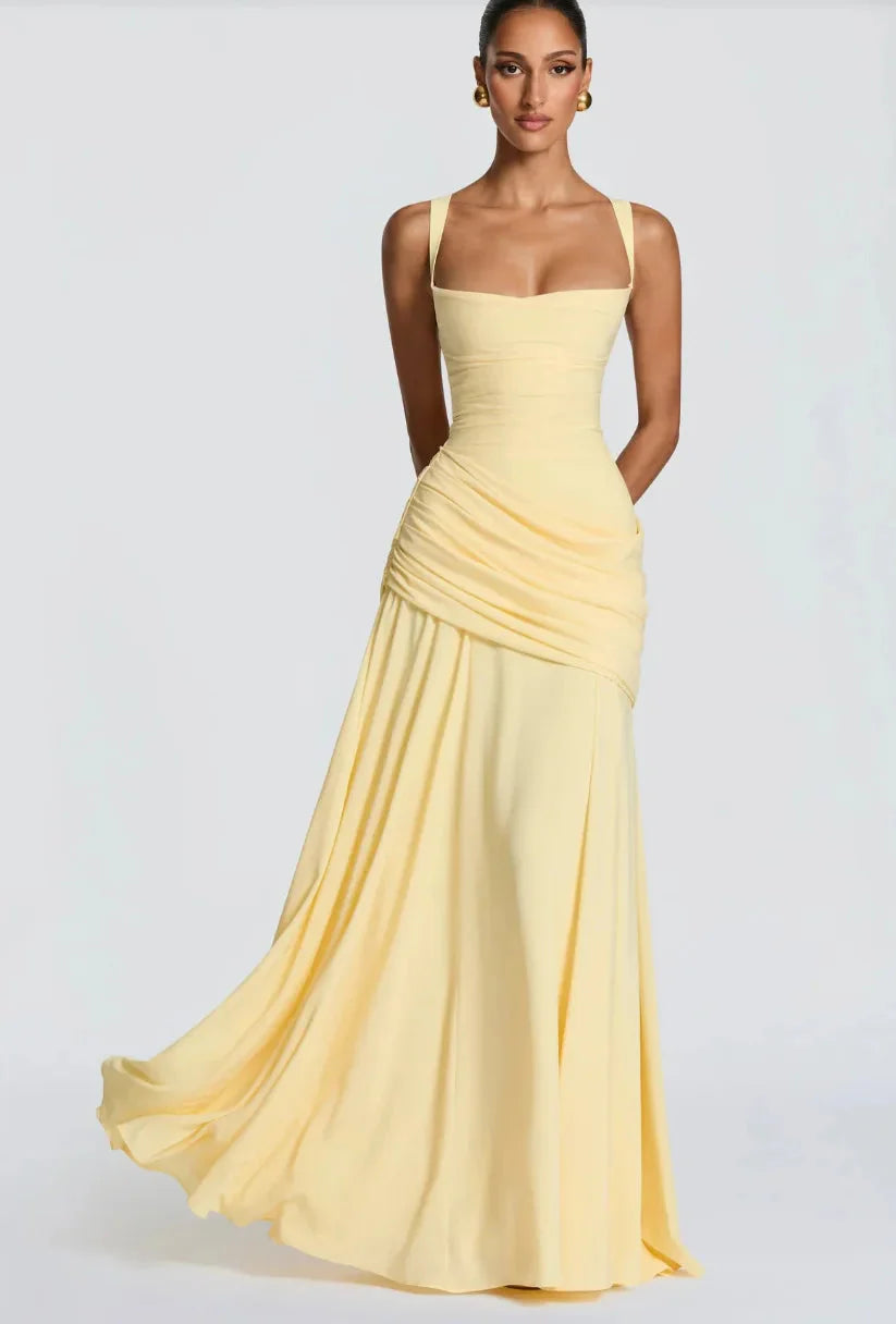 Robe Maxi Jaune Drapée Froncée pour Femme
