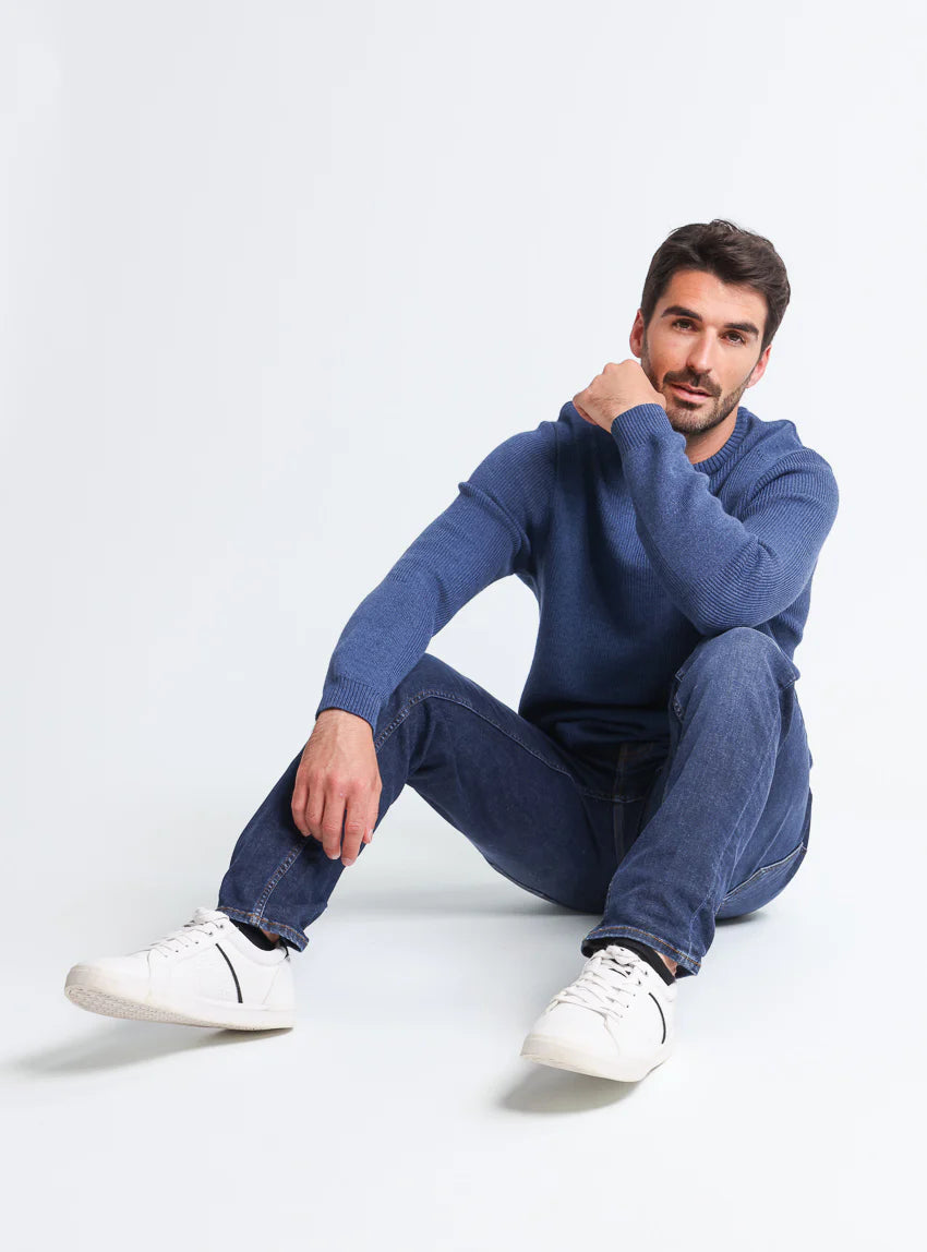 Pull homme col rond en laine bleu marine