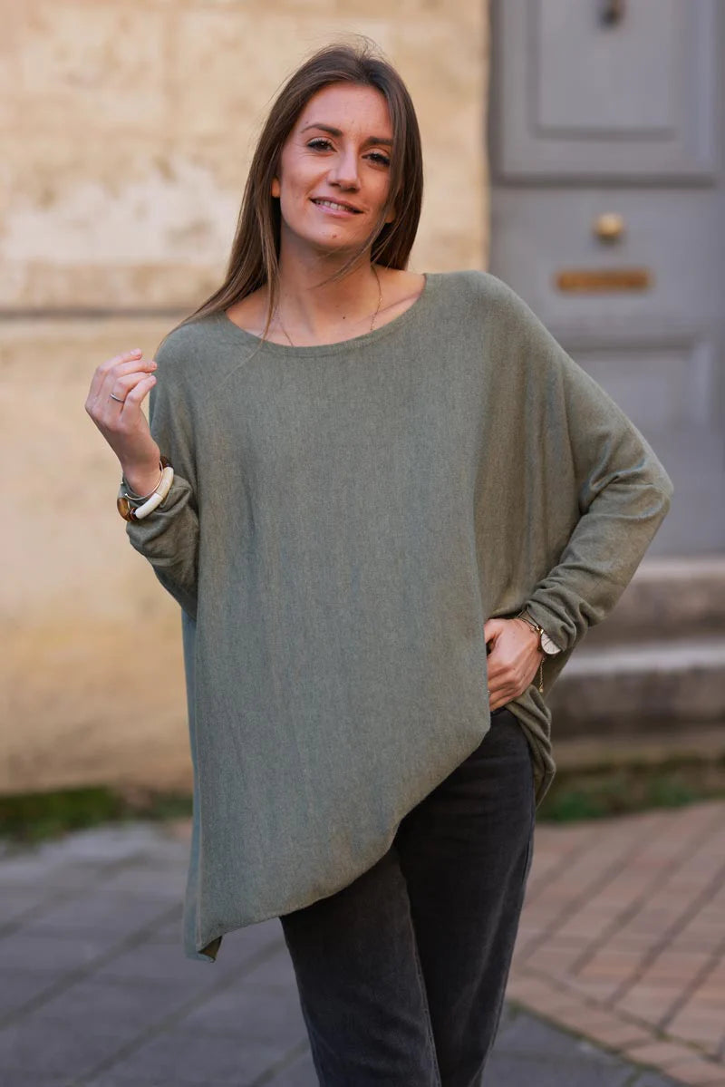 Pull large kaki manches chauve souris