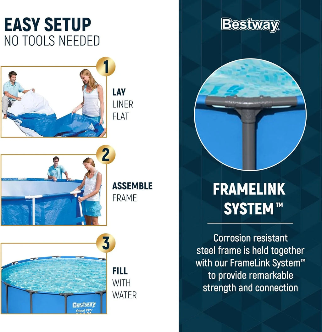 Steel Pro MAX 14 Foot x 48 Inch Round Metal Frame Above Ground Outdoor Swimming Pool Set with 1,000 Filter Pump, Ladder, and Cover, Gray