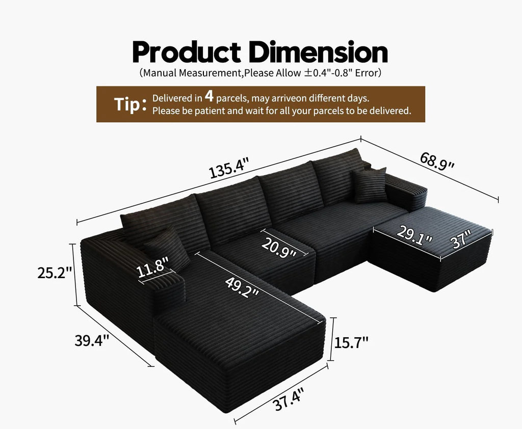 107.5 Cloud Modular Sectional Sofa Couch with L-Shape Chaise,Modern Minimalist Upholstered Couches for Living Room Bedroom,Deep Seat Corner Couch，No Assembly Required (Black,Left Facing Chaise)