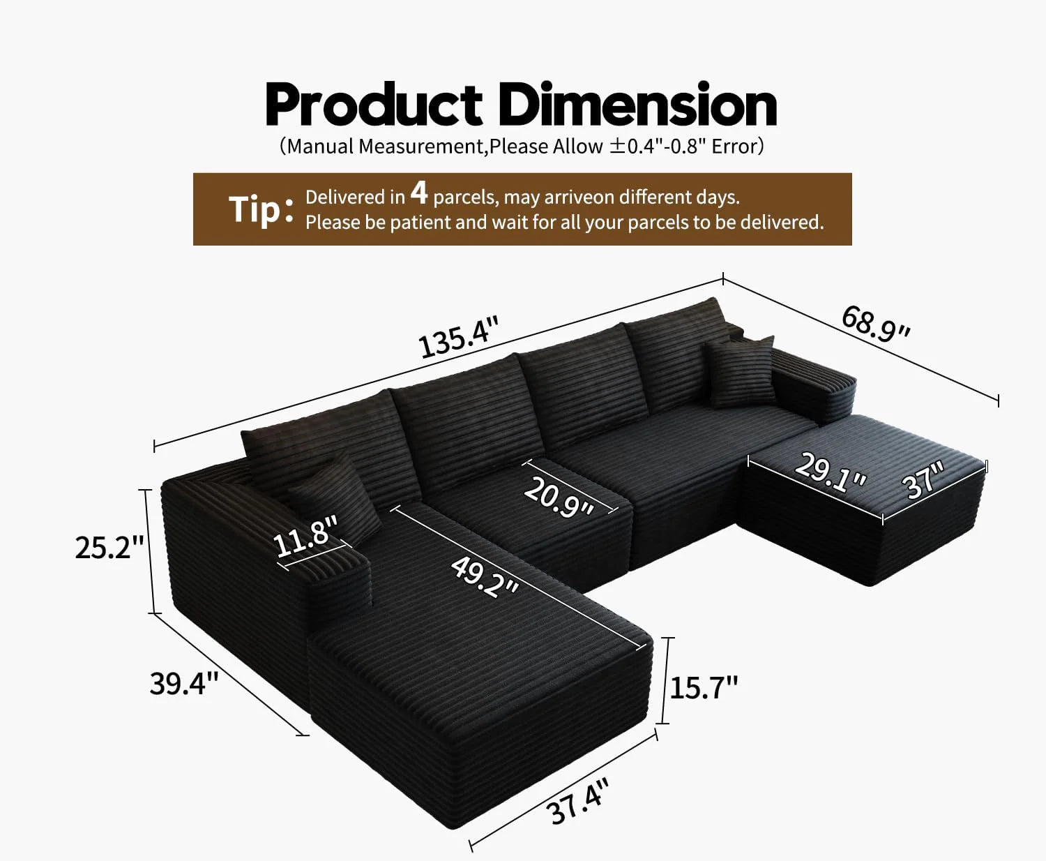 107.5 Cloud Modular Sectional Sofa Couch with L-Shape Chaise,Modern Minimalist Upholstered Couches for Living Room Bedroom,Deep Seat Corner Couch，No Assembly Required (Black,Left Facing Chaise)