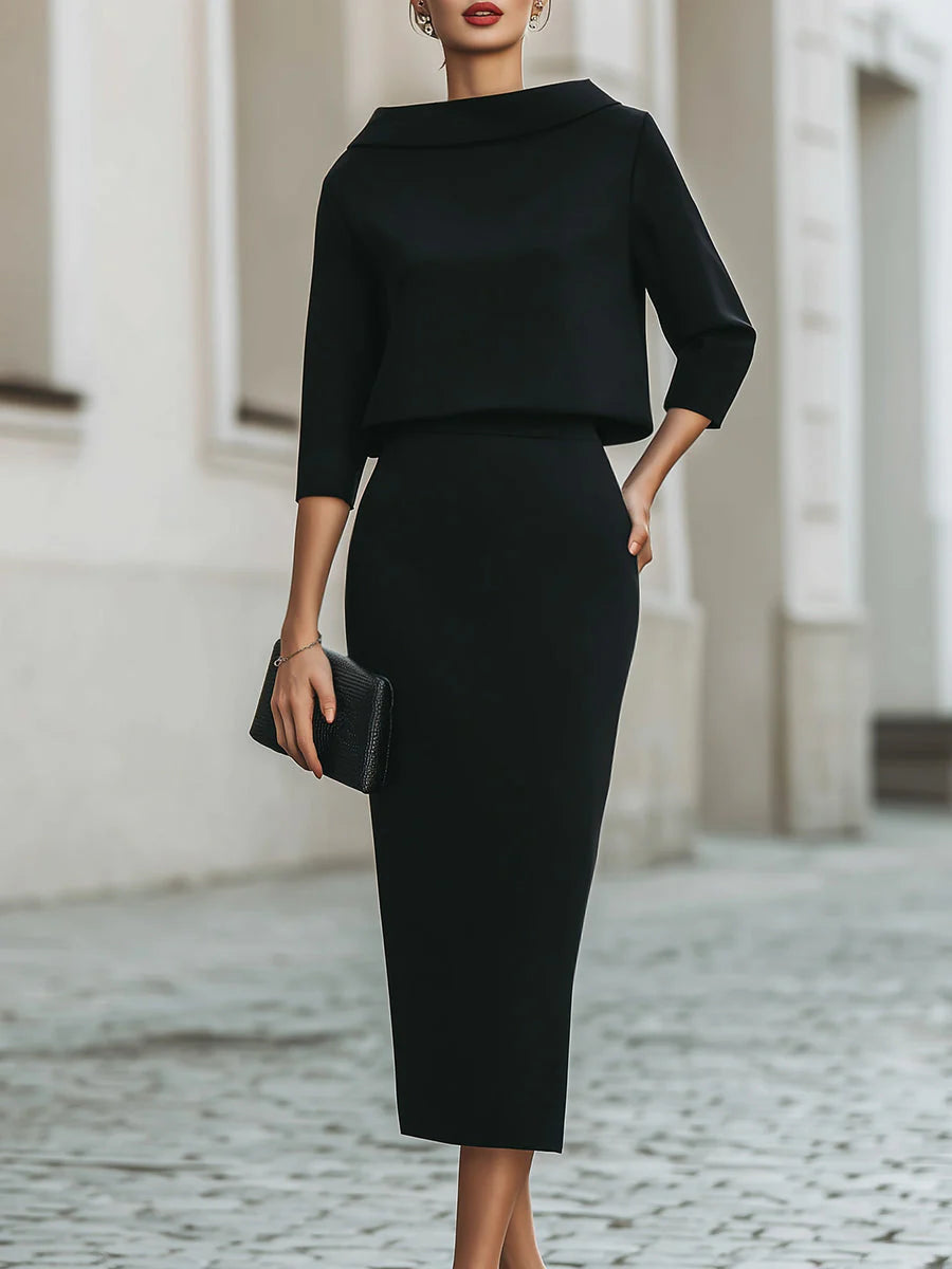 Ensemble Haut Col Bateau et Jupe Midi pour Femme