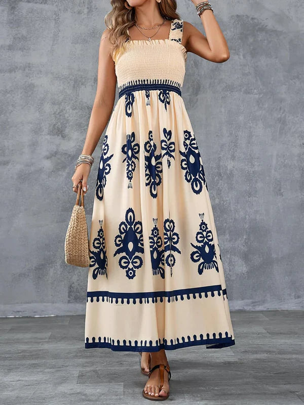 Robe Maxi Smockée à Imprimé Géométrique Artistique