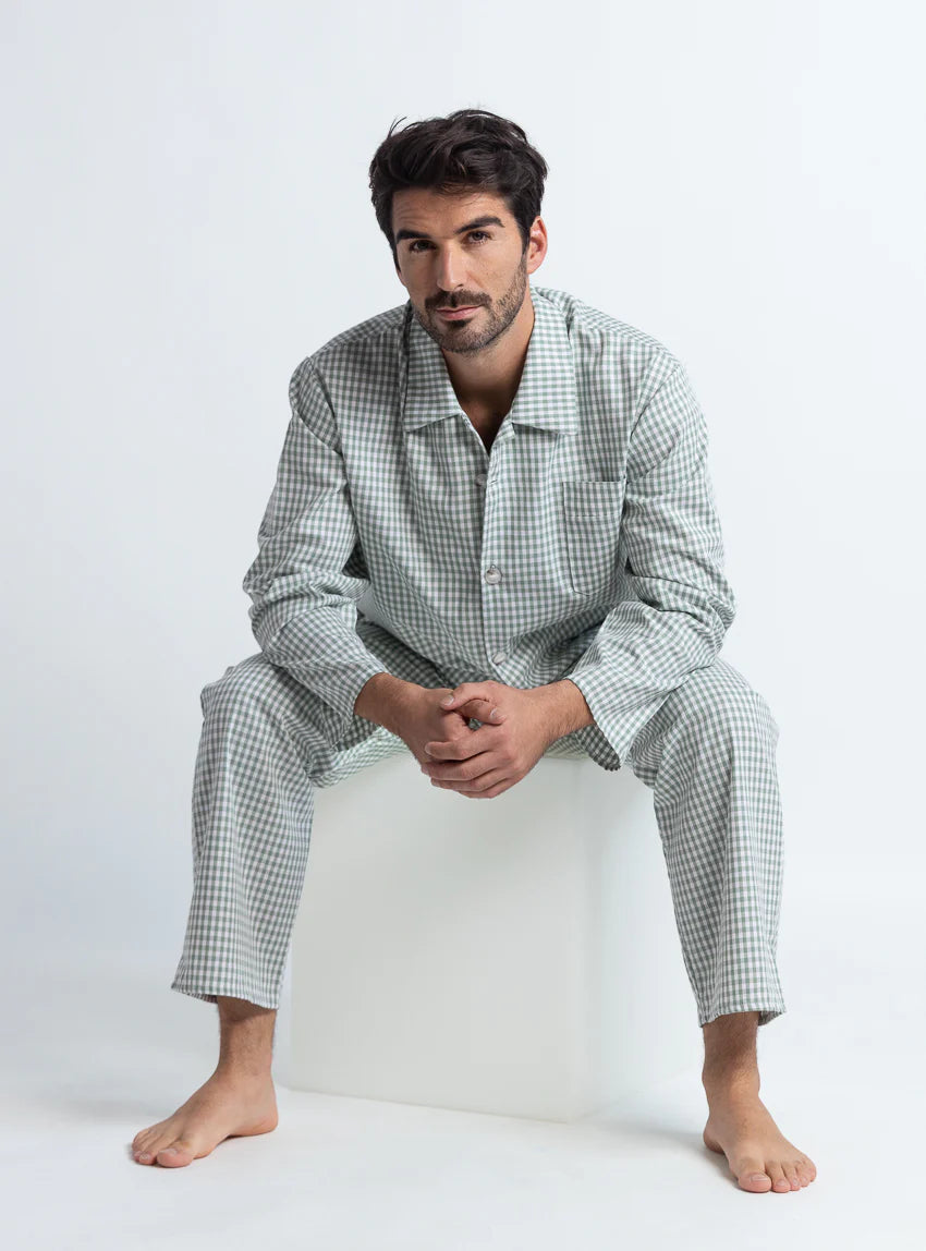 Pyjama homme en coton carreaux vert sauge
