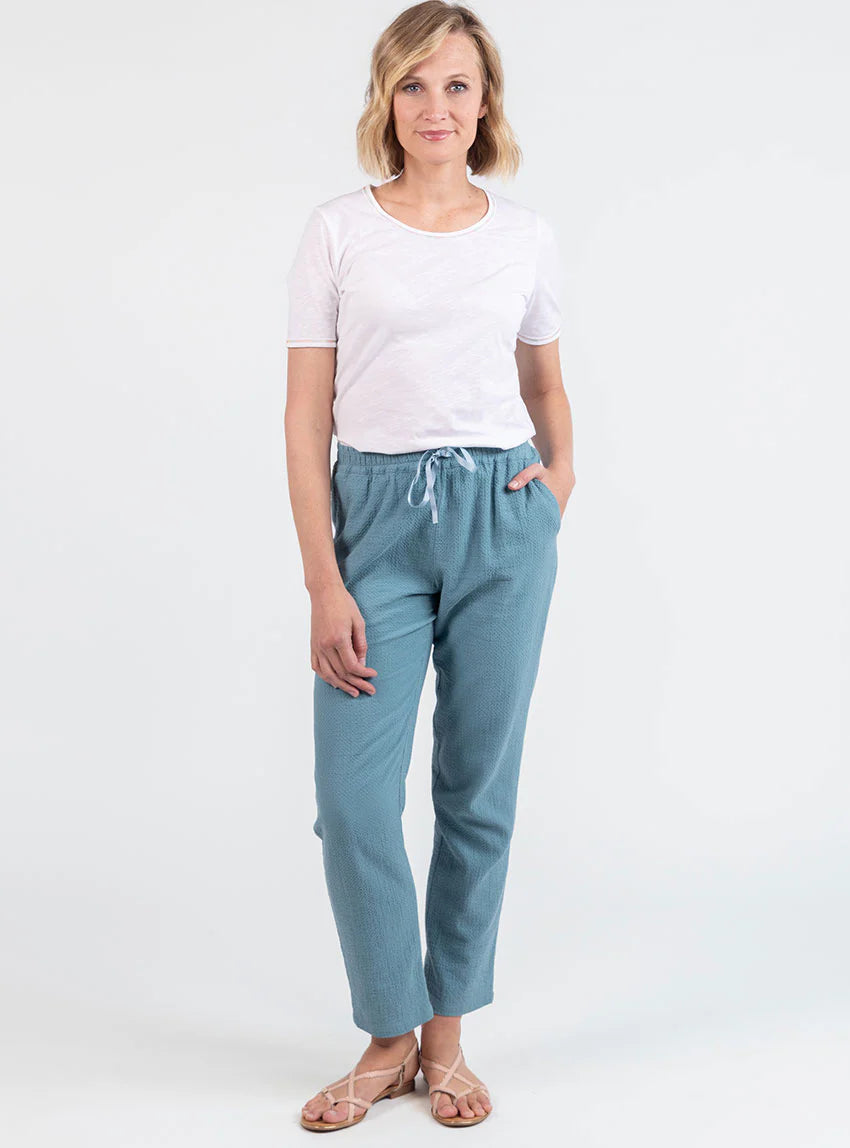 Pantalon femme coton gaufré vert littoral