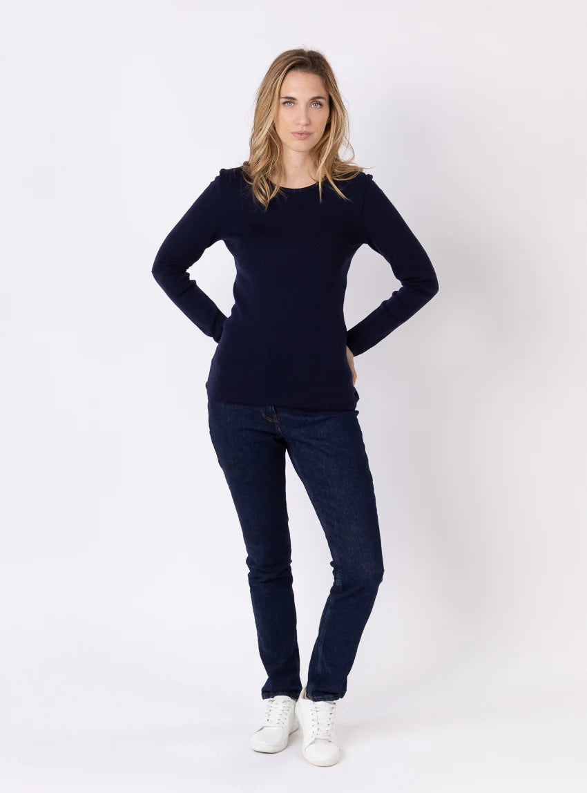 Tee-shirt thermique manches longues femme en laine merinos bleu marine