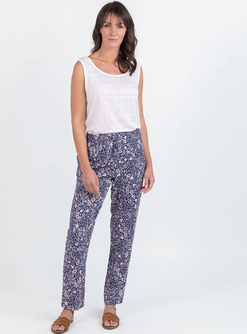 Pantalon femme en viscose imprimé bouquet bleu