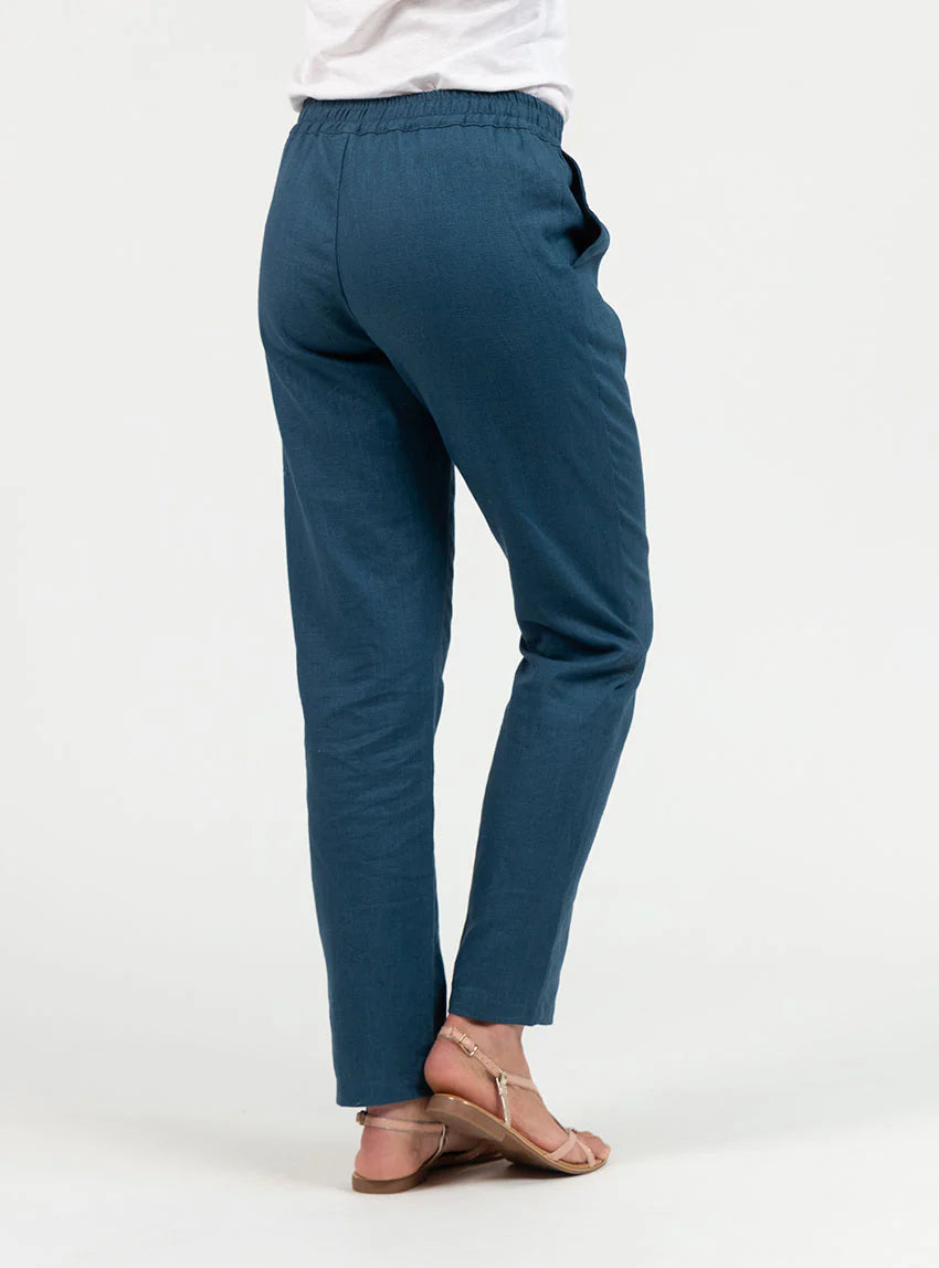 Pantalon femme en lin et coton bleu paon