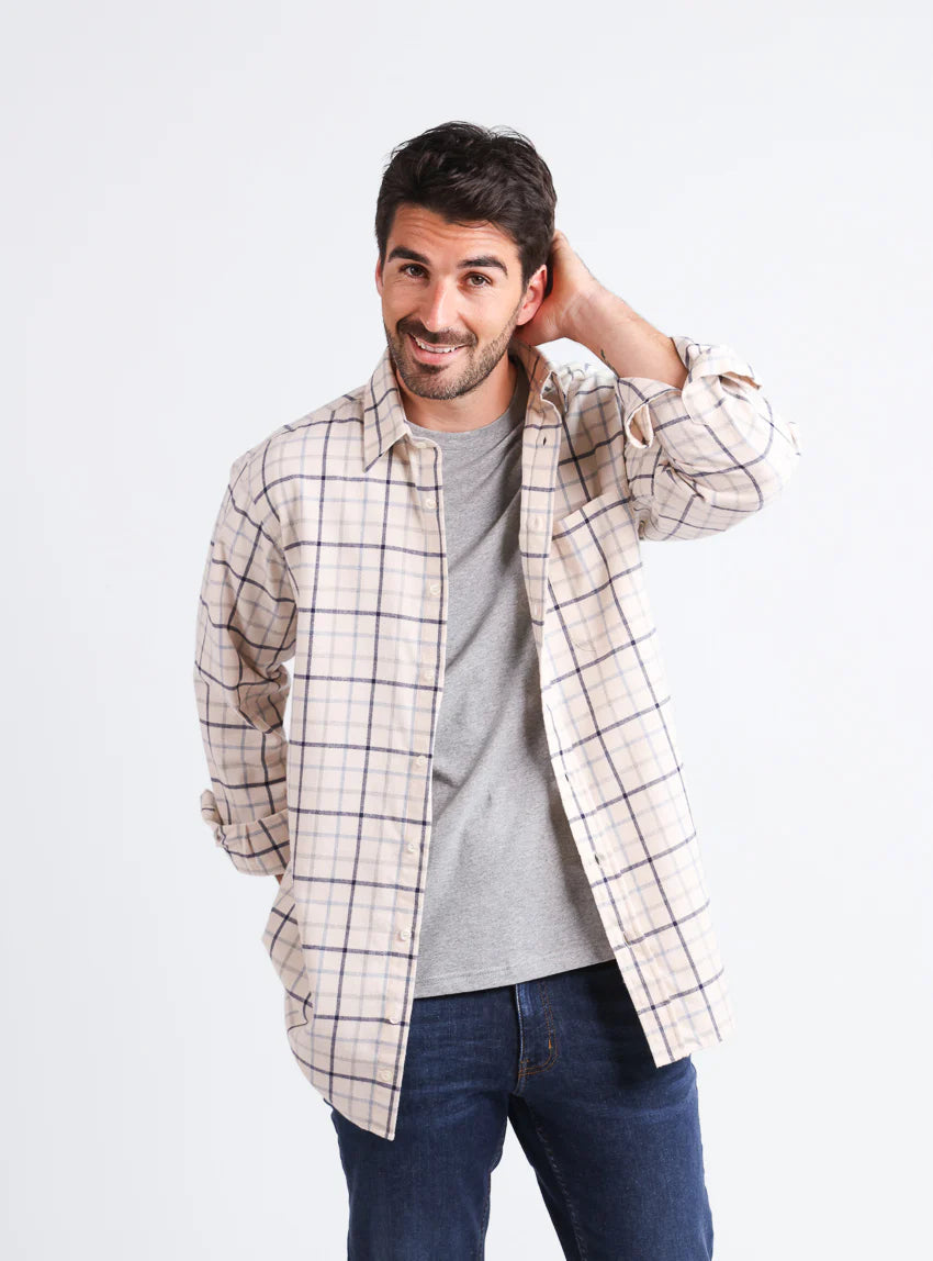 Chemise homme à motifs coton et laine carreaux bleu nuit