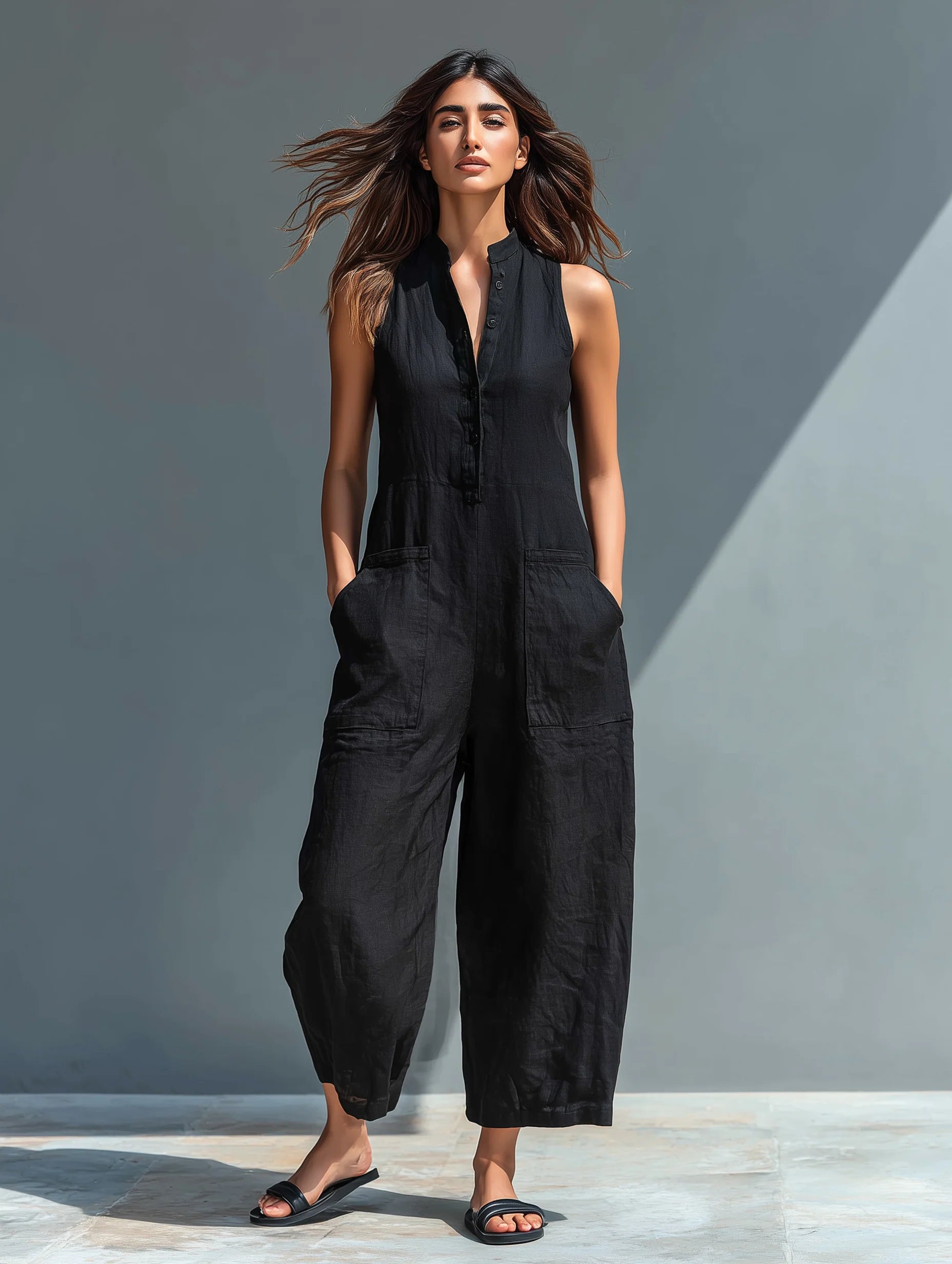 Claudia | Mono minimalista de lino para mujer, sin mangas, cuello alto y botones