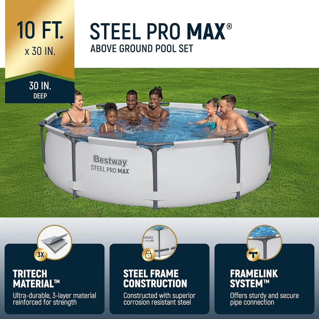 Steel Pro MAX 10 Foot x 30 Inch Round Metal Frame Above Ground Outdoor Backyard Swimming Pool Set with 330 GPH Filter Pump