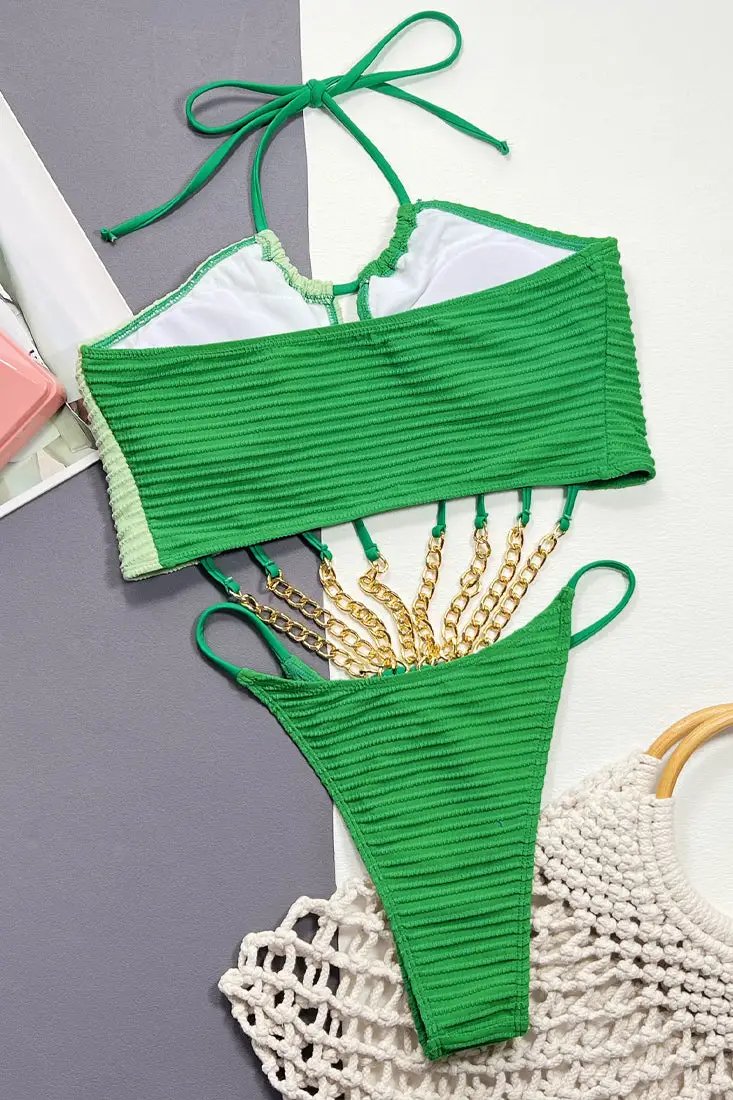 Green Color Block Gold Chain Strappy Cheeky 1pc Swimsuit Monokini