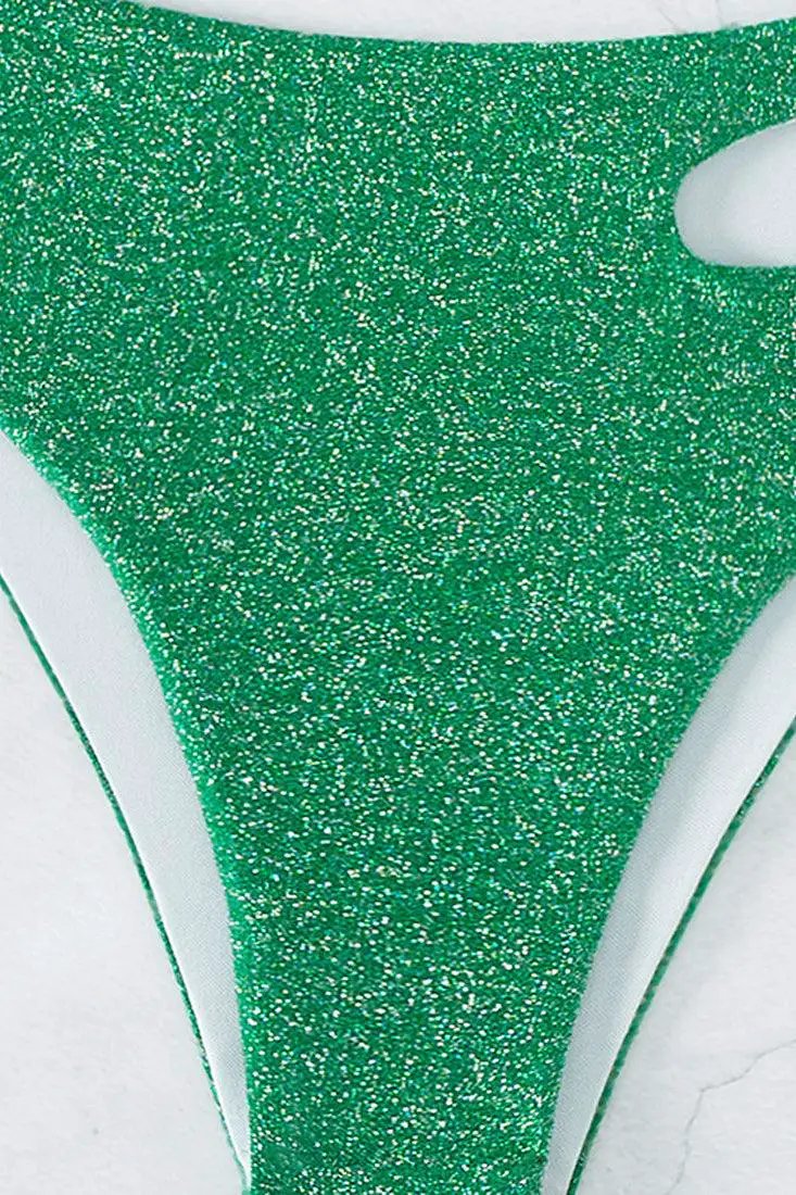 Green Shimmer Sparkly One Shoulder Cut Out High Waist Cheeky 2Pc Swimsuit