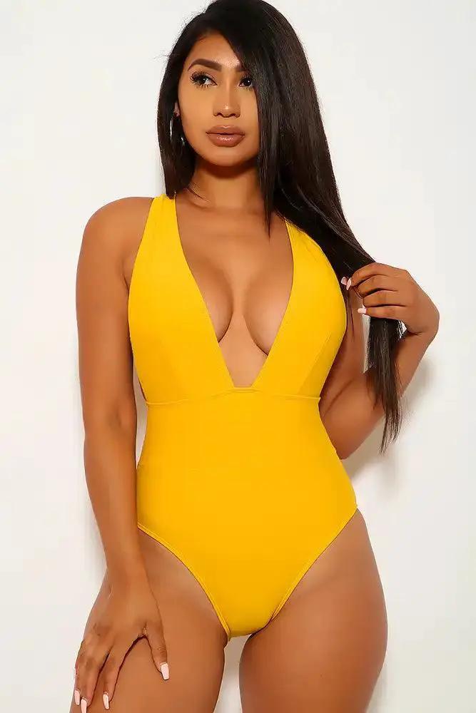 Mustard One Piece Plunging Swimsuit