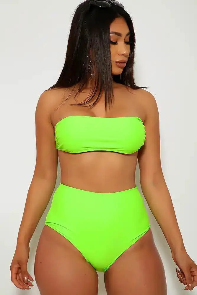 Neon Lime High Waist Bandeau Two Piece Swimsuit