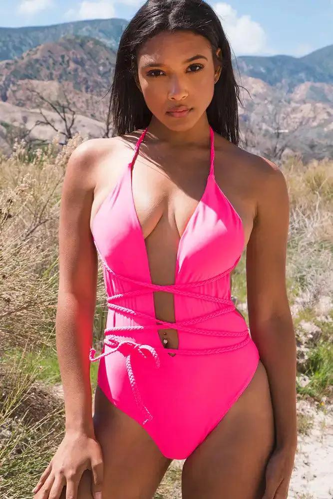 Neon Pink V-Cut Braided One Piece Swimsuit