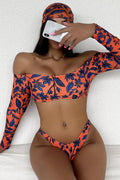 Orange Navy Leaf Print Sexy Cheeky Three Piece Swimsuit