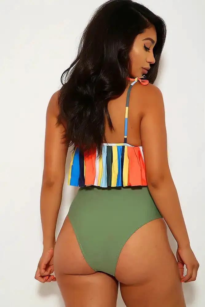 Orange Olive Striped Two Piece Swimsuit