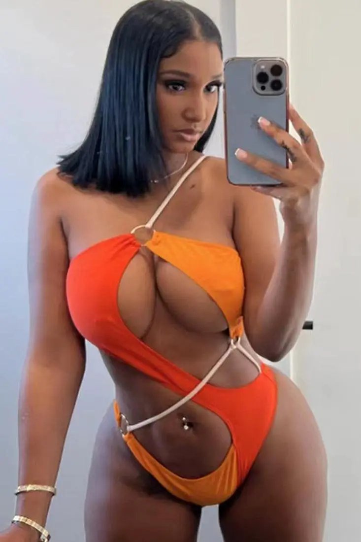 Orange One Shoulder Ring Linked Hollow Out Monokini