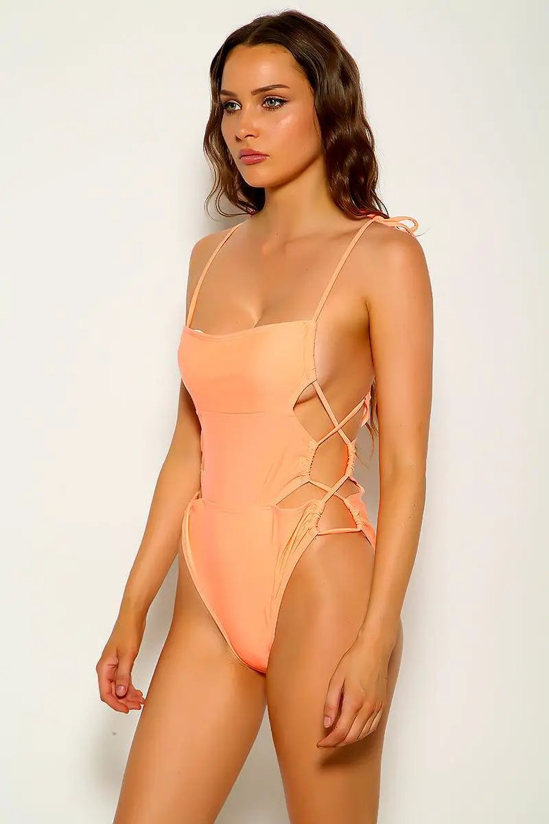 Orange Strappy Cut Out Sexy One Piece Swimsuit
