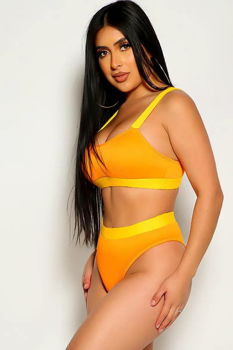 Orange Yellow Mid Rise Two Piece Swimsuit