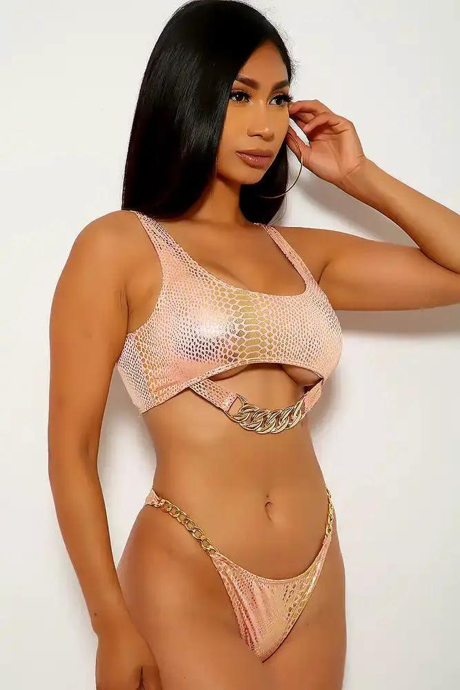 Peach Gold Snake Print Two Piece Swimsuit