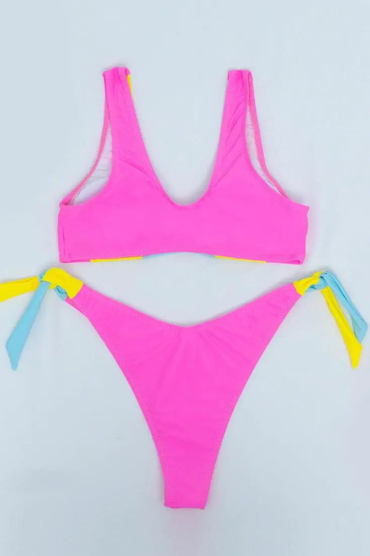 Pink Color Block Scooped Thick Straps 2 Pc Bikini Set