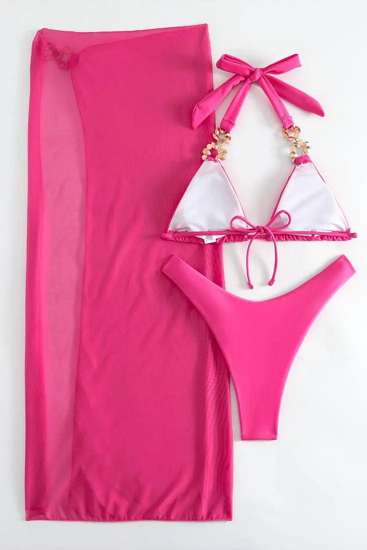 Pink Rhinestones Gem Halter Cheeky Cover-Up 3Pc Swimsuit Set