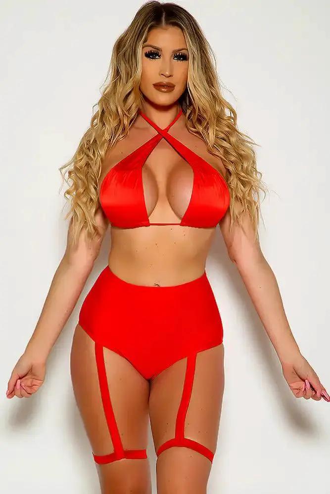 Red Cross Strap Garter High Waist Two Piece Sexy Swimsuit