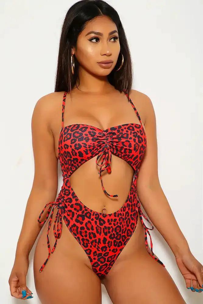 Red Leopard Cut Out One Piece Swimsuit