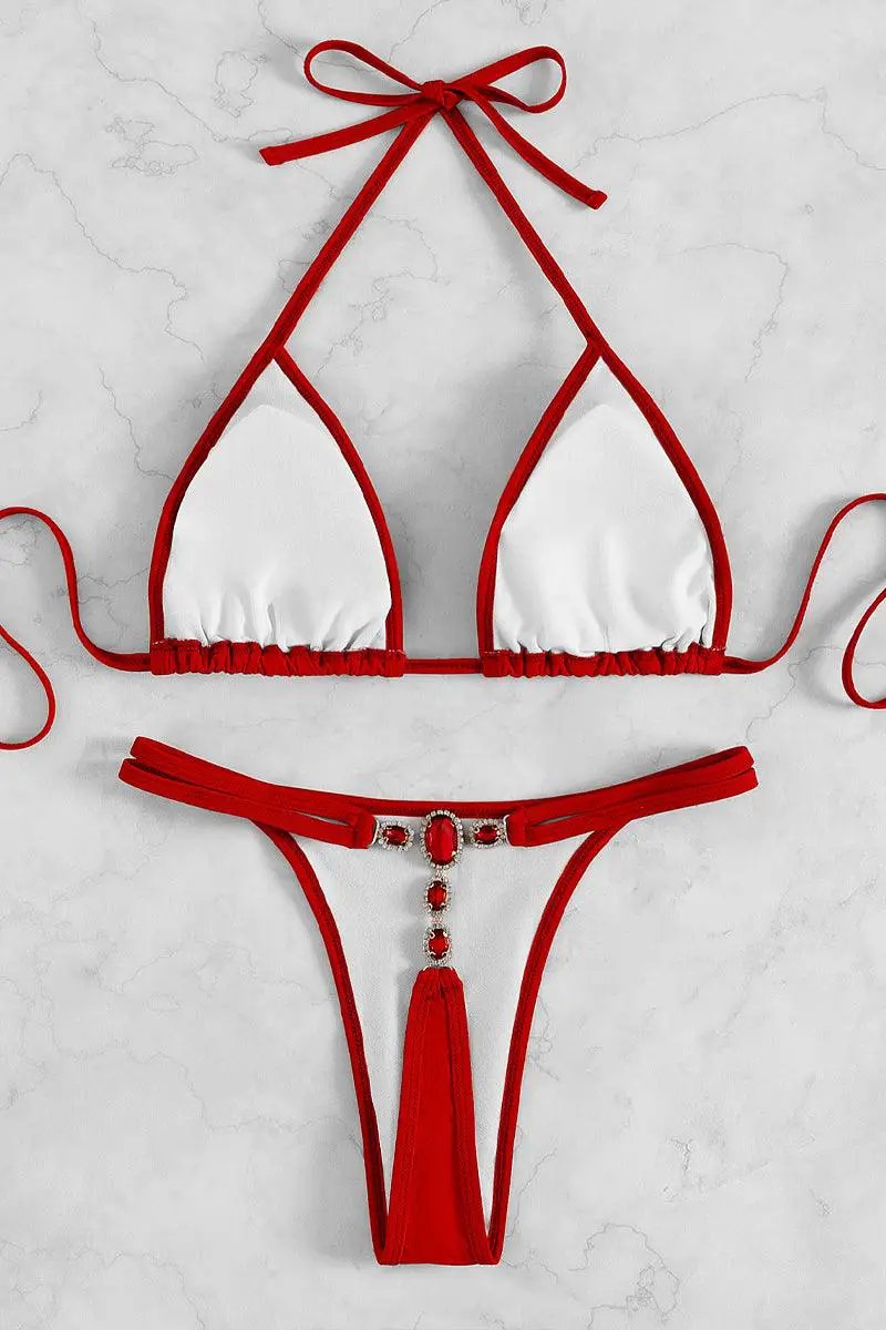 Red Rhinestone Back Accent Sexy Two Piece Swimsuit