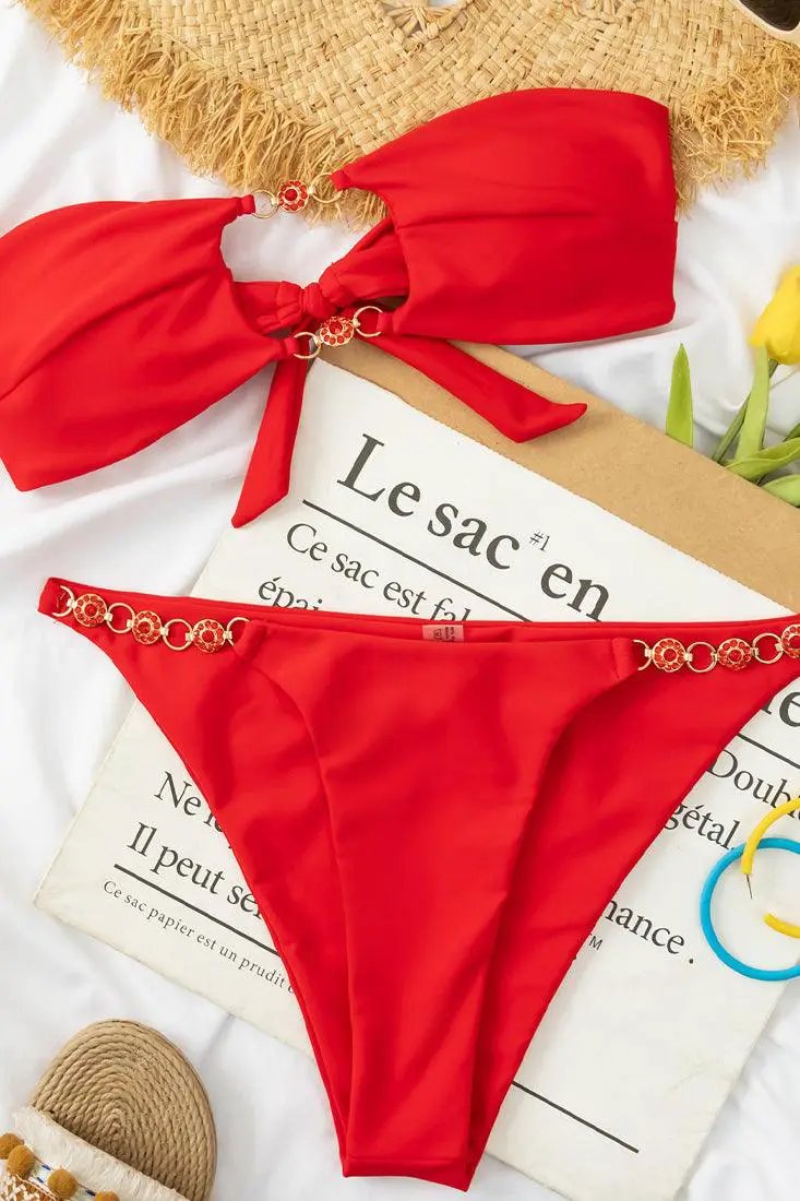 Red Strapless Rhinestone Chain Cut-Out Cheeky 2Pc Bikini Swimsuit