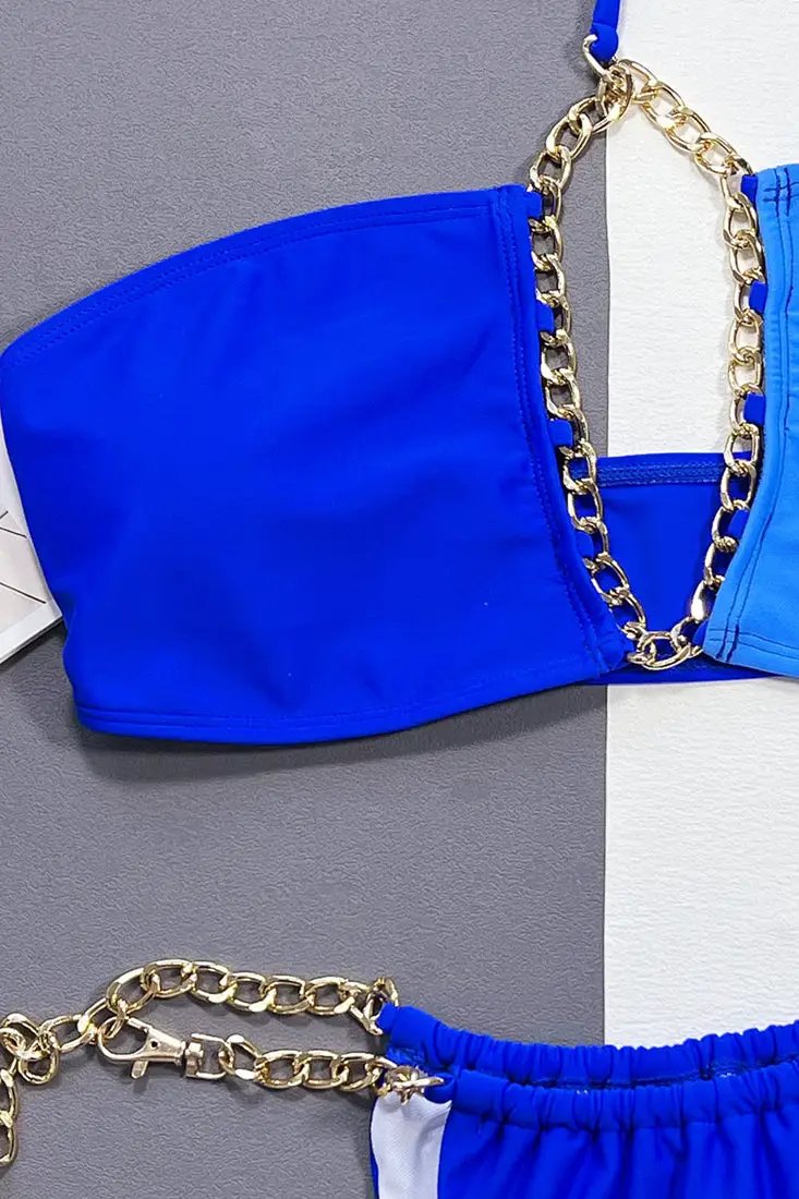 Royal Blue Color Block Gold Chain Cheeky 2 Pc Swimsuit Bikini