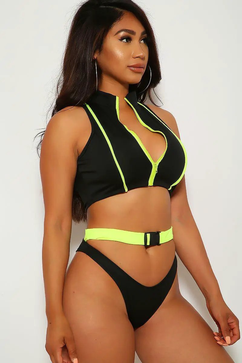 Sexy Black Neon Lime Zip Buckle Detail Two Piece Swimsuit