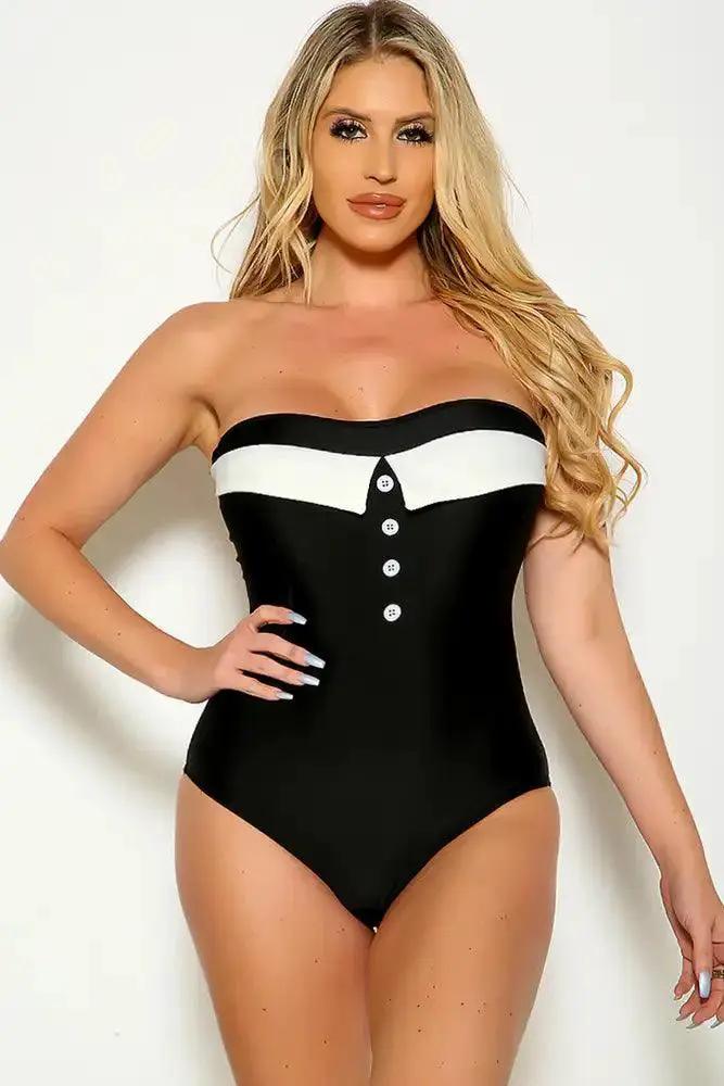 Sexy Black White Two Tone Sweetheart Neckline Button Detailing Open Back One Piece Swimsuit