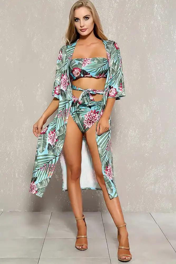 Sexy Sky Blue Green Tropical Print Two Piece Swimsuit Set