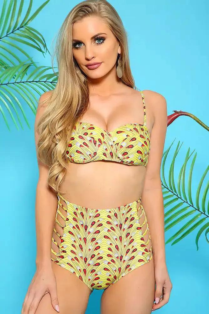 Sexy Yellow Red Padded High Waist Two Piece Swimsuit