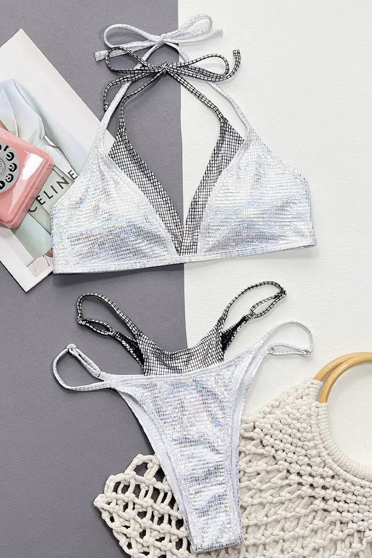 Silver Black Metallic Double Strap Cheeky 2Pc Swimsuit Sexy Bikini A03H