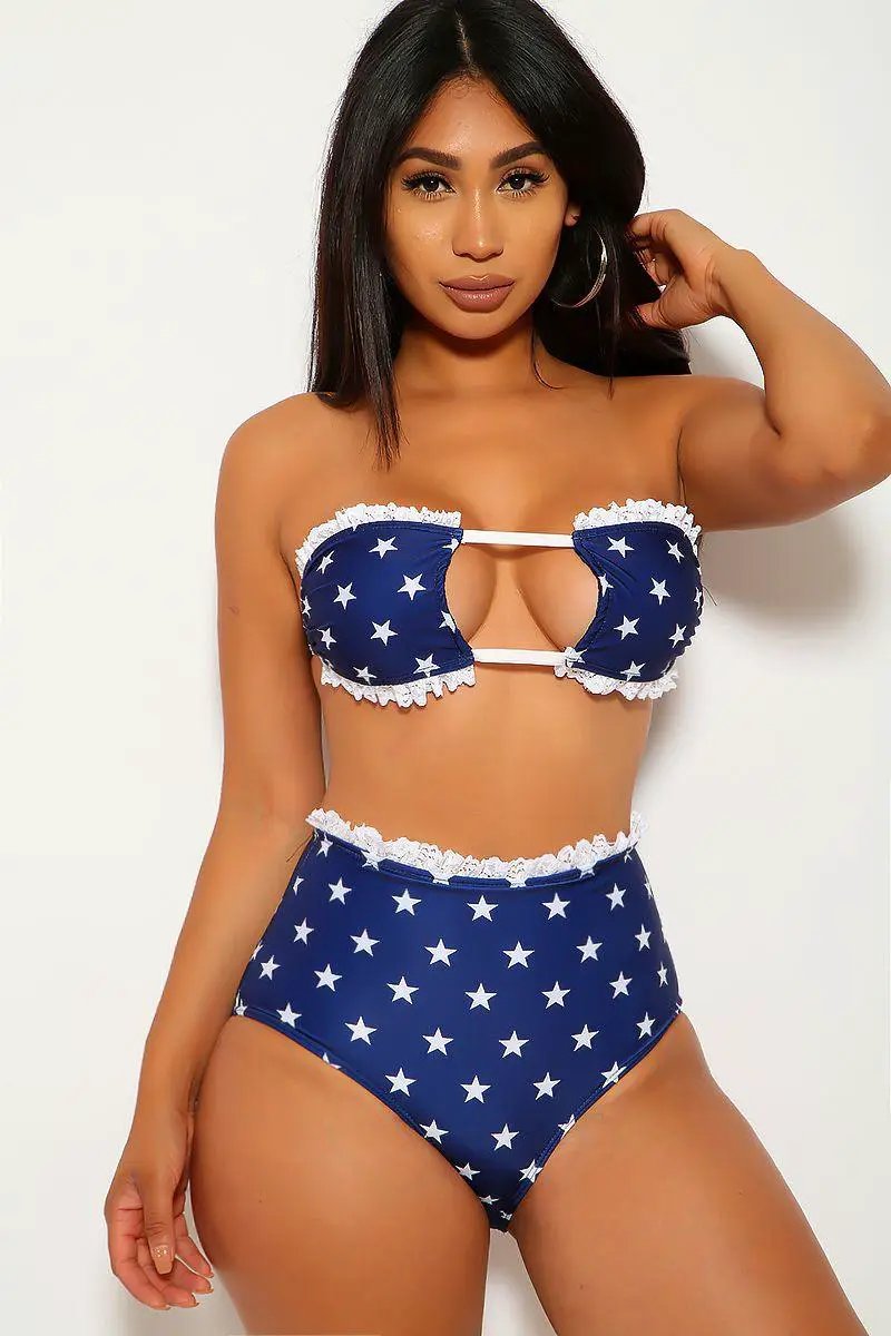 Star Print Blue White Lace Bandeau Two Piece Swimsuit