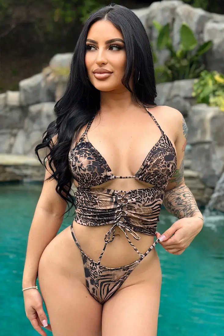 Leopard Print Triangle Corset Cheeky Sexy 2Pc Swimsuit Set